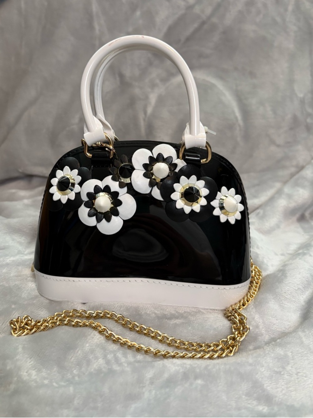 Black & White Floral Dome Satchel Handbag